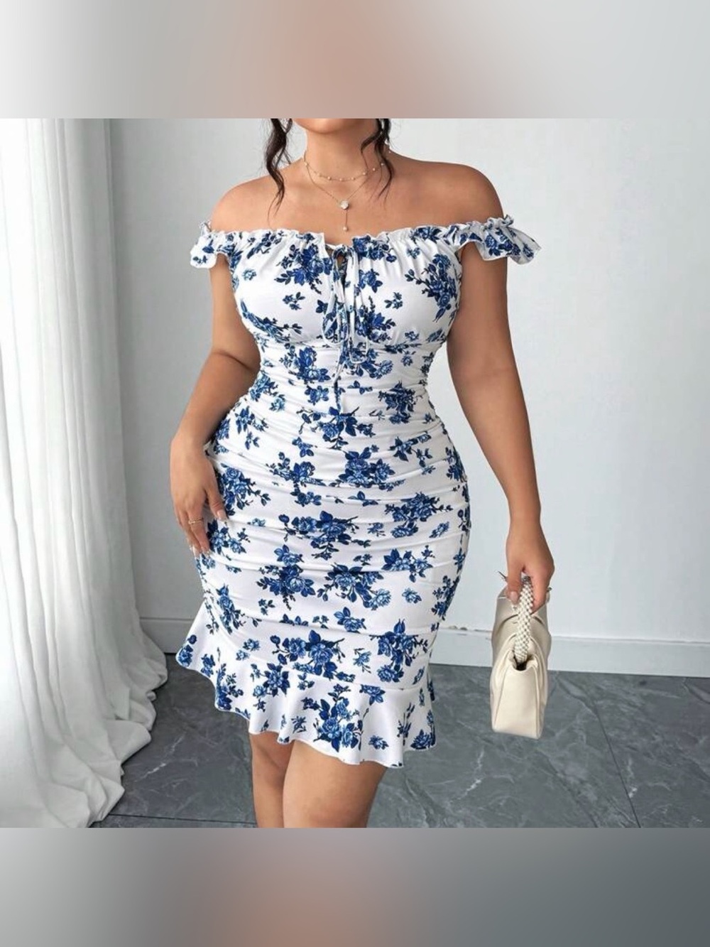 Off-Shoulder White Dress with Blue Floral Print - 2XL